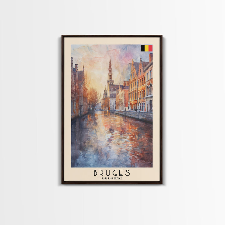 Bruges Belgium Travel Poster Framed Canvas Print, Watercolor Painting, Boho Wall Art, Home Decor, Living Room Art, Minimalist Travel Print