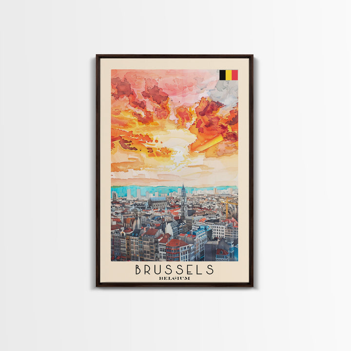 Brussels Belgium Travel Poster Framed Canvas Print, Abstract Sunset, Wall Art, Modern Home Decor, Travel Print, Watercolor Painting, Art Piece