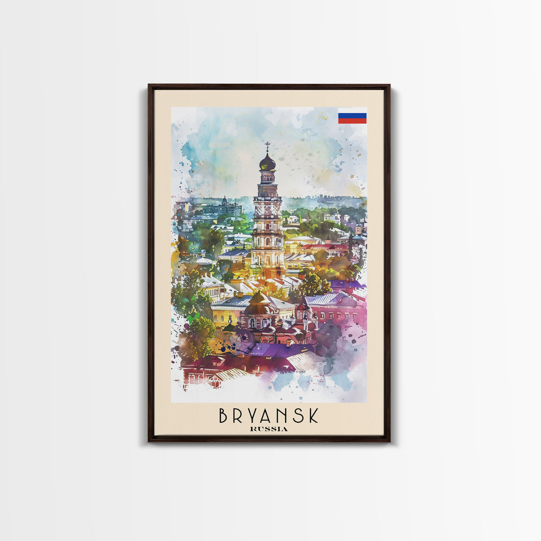 Bryansk Russia Travel Poster Framed Canvas Print, Watercolor Painting, Urban Scene, Wall Art, Home Decor, Bedroom Art, Minimalist Travel Print