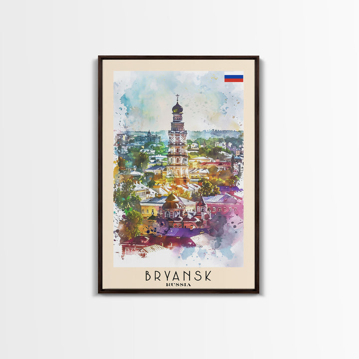 Bryansk Russia Travel Poster Framed Canvas Print, Watercolor Painting, Urban Scene, Wall Art, Home Decor, Bedroom Art, Minimalist Travel Print