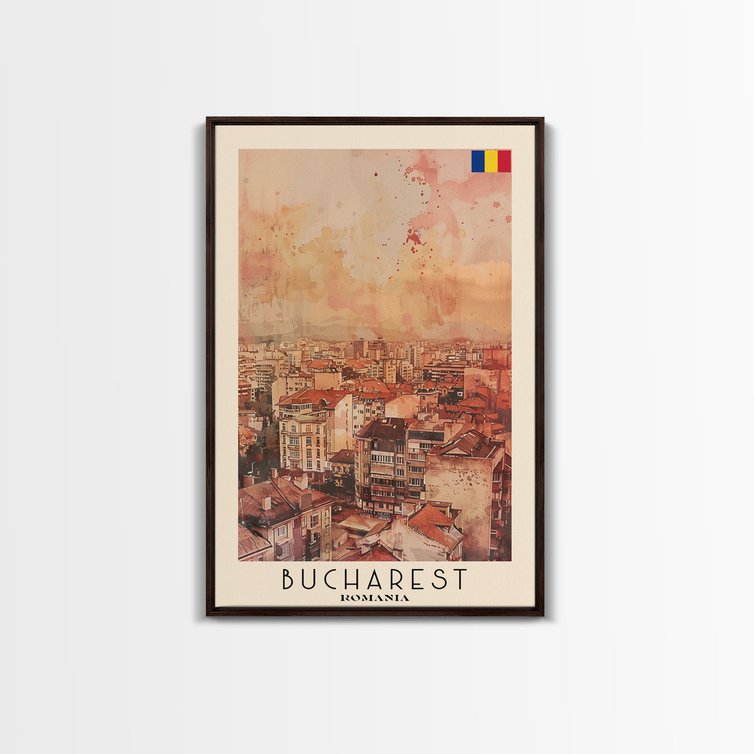 Bucharest Romania Travel Poster Framed Canvas Print, Abstract Cityscape, Boho Wall Art, Home Decor, Living Room Art, Watercolor Painting, Original Art