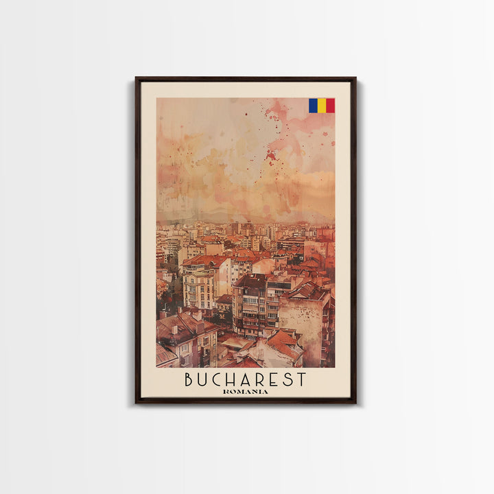 Bucharest Romania Travel Poster Framed Canvas Print, Abstract Cityscape, Boho Wall Art, Home Decor, Living Room Art, Watercolor Painting, Original Art