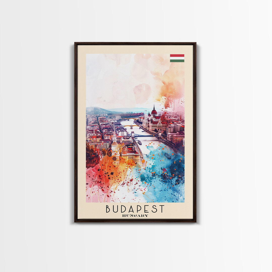 Budapest Hungary Travel Poster Framed Canvas Print, Colorful Watercolor Painting, Wall Art, Home Decor, Travel Print, Boho Style, Art Piece