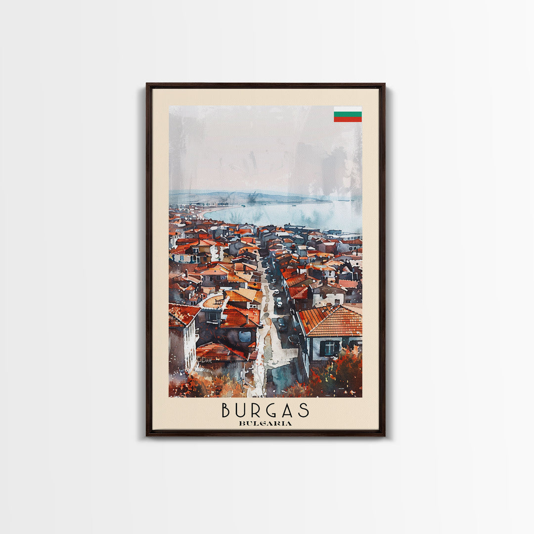 Burgas Bulgaria Travel Poster Framed Canvas Print, Coastal Cityscape, Watercolor Painting, Wall Art, Home Decor, Minimalist Travel Print, Urban Scene