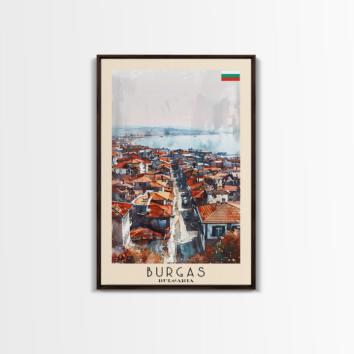 Burgas Bulgaria Travel Poster Framed Canvas Print, Coastal Cityscape, Watercolor Painting, Wall Art, Home Decor, Minimalist Travel Print, Urban Scene