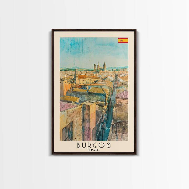 Burgos Spain Travel Poster Framed Canvas Print, Watercolor Cityscape, Wall Art, Home Decor, Living Room Art, Travel Print, Boho Style, Art Piece