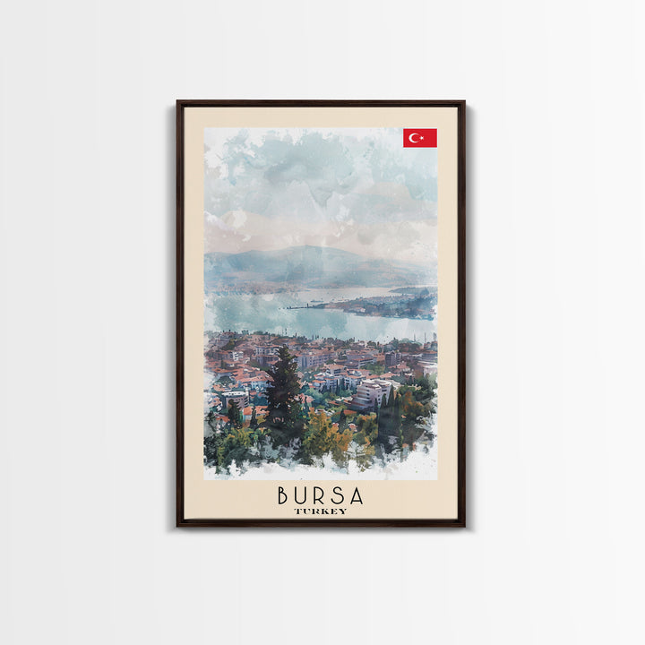 Bursa Turkey Travel Poster Framed Canvas Print, Watercolor Landscape, Wall Art, Home Decor, Travel Print, Minimalist Art, Urban Scene