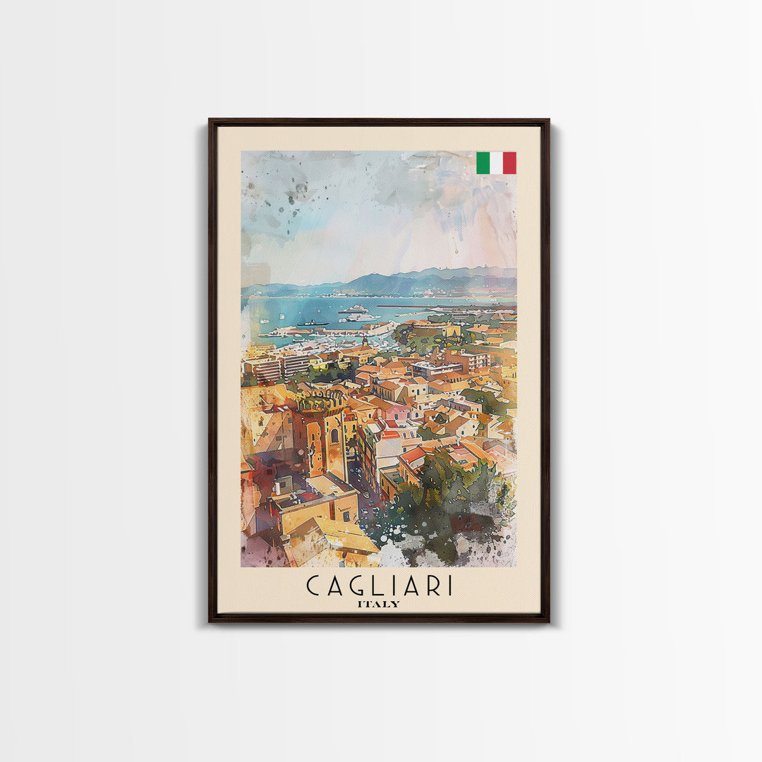 Cagliari Italy Travel Poster Framed Canvas Print, Wall Art, Home Decor, Travel Print, Vacation Gift, Watercolor Painting, Original Art