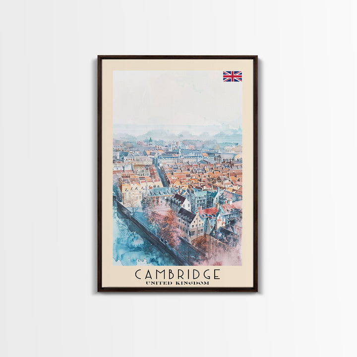 Cambridge United Kingdom Travel Poster Framed Canvas Print, Wall Art, Home Decor, Travel Print, Vacation Gift, Watercolor Painting, Original Art
