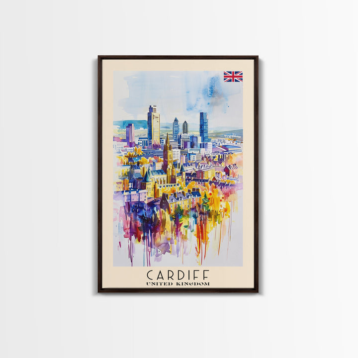 Cardiff United Kingdom Travel Poster Framed Canvas Print, Wall Art, Home Decor, Travel Print, Vacation Gift, Watercolor Painting, Original Art