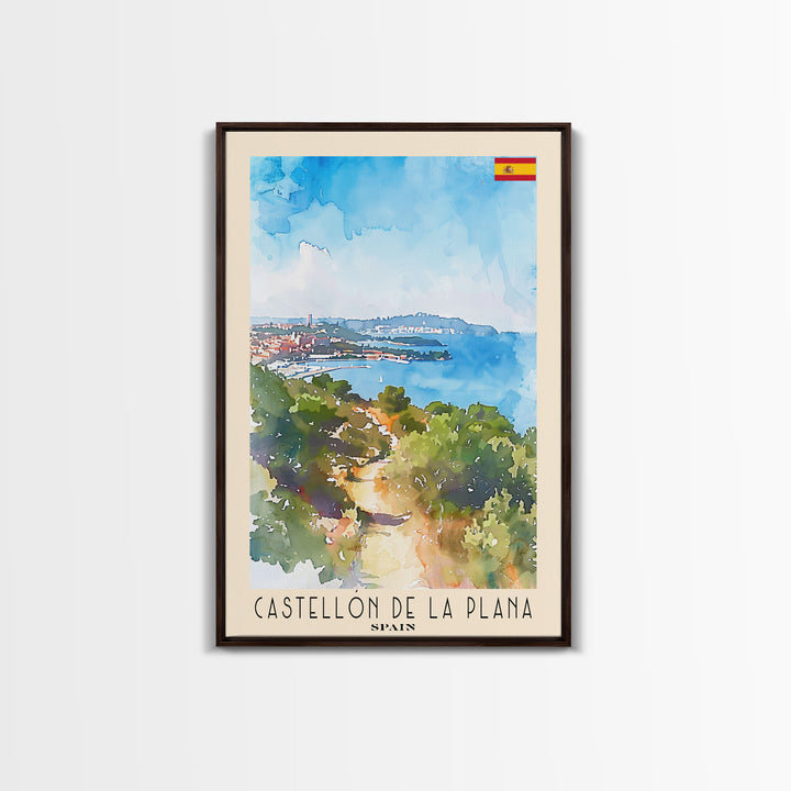 Castellón de la Plana Spain Travel Poster Framed Canvas Print, Wall Art, Home Decor, Travel Print, Vacation Gift, Watercolor Painting, Original Art