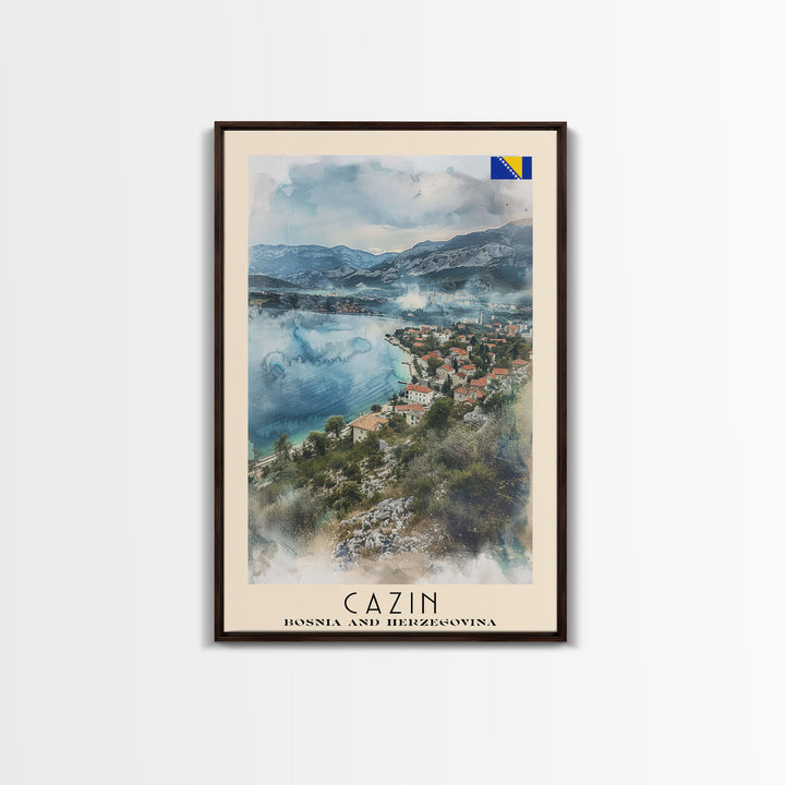Cazin Bosnia and Herzegovina Travel Poster Framed Canvas Print, Wall Art, Home Decor, Travel Print, Vacation Gift, Watercolor Painting, Original Art