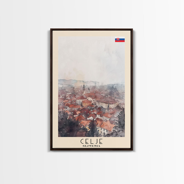 Celje Slovenia Travel Poster Framed Canvas Print, Wall Art, Home Decor, Travel Print, Vacation Gift, Watercolor Painting, Original Art