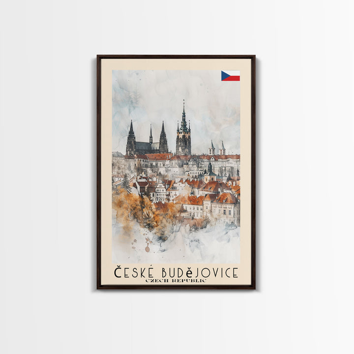 České Budějovice Czech Republic Travel Poster Framed Canvas Print, Wall Art, Home Decor, Travel Print, Vacation Gift, Watercolor Painting, Original Art