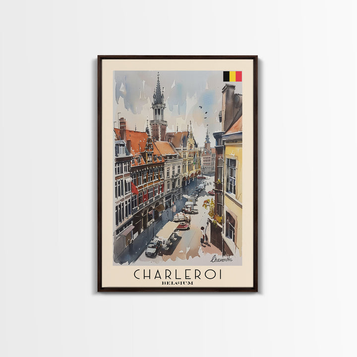 Charleroi Belgium Travel Poster Framed Canvas Print, Wall Art, Home Decor, Travel Print, Vacation Gift, Watercolor Painting, Original Art