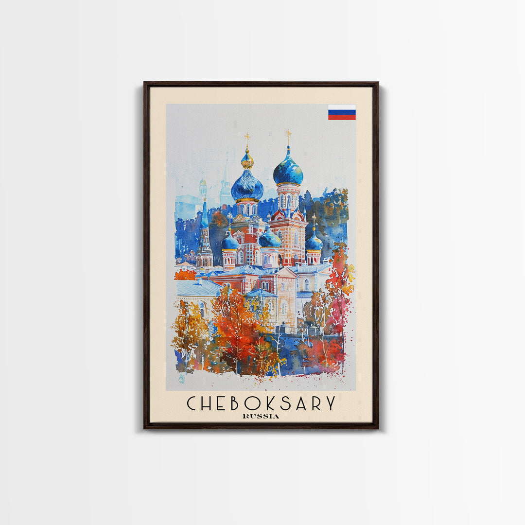 Cheboksary Russia Travel Poster Framed Canvas Print, Wall Art, Home Decor, Travel Print, Boho Watercolor Painting, Original Art