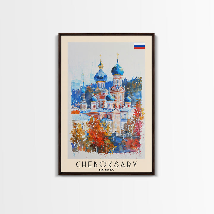 Cheboksary Russia Travel Poster Framed Canvas Print, Wall Art, Home Decor, Travel Print, Boho Watercolor Painting, Original Art