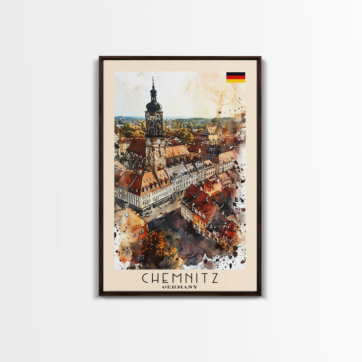 Chemnitz Germany Travel Poster Framed Canvas Print, Wall Art, Home Decor, Travel Print, Minimalist Watercolor Painting, Original Art
