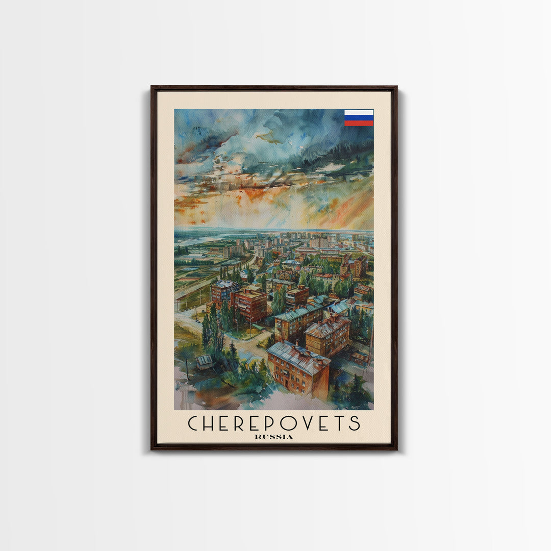 Cherepovets Russia Travel Poster Framed Canvas Print, Wall Art, Home Decor, Travel Print, Abstract Watercolor Painting, Original Art