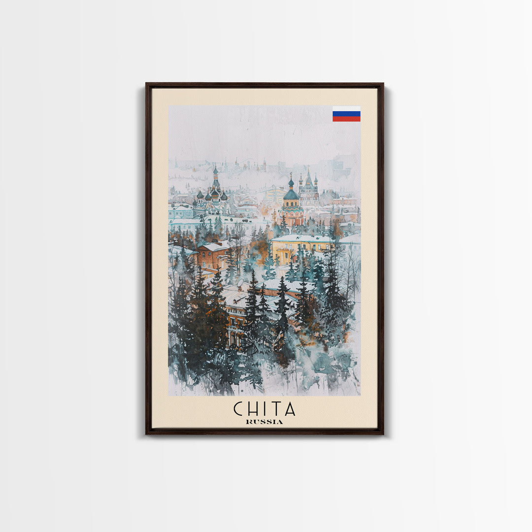 Chita Russia Travel Poster Framed Canvas Print, Wall Art, Home Decor, Travel Print, Abstract Watercolor Painting, Original Art