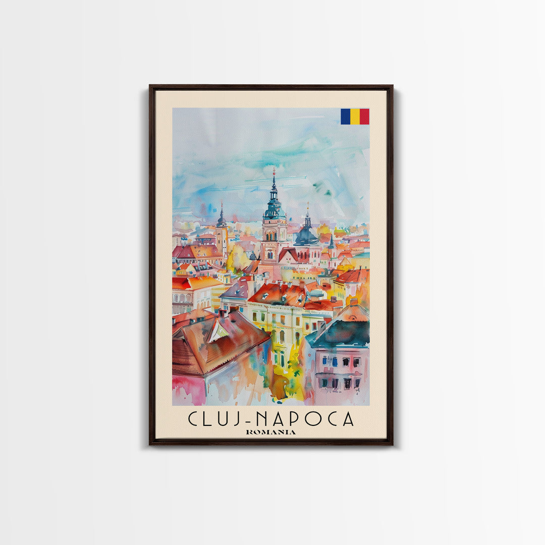 Cluj-Napoca Romania Travel Poster Framed Canvas Print, Wall Art, Home Decor, Travel Print, Boho Watercolor Painting, Original Art