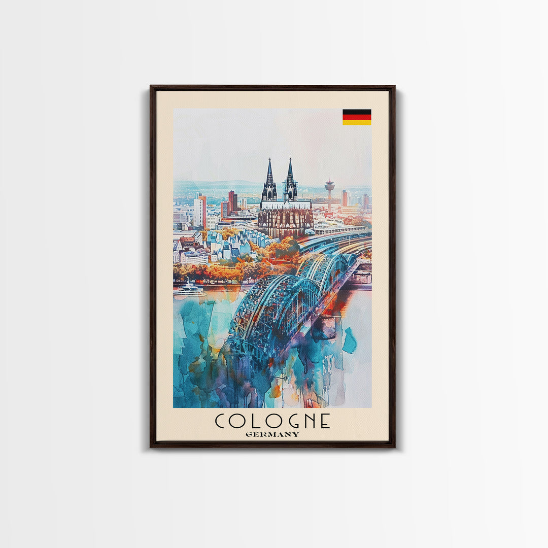 Cologne Germany Watercolor Travel Poster, Wood Framed Canvas Print, Boho Wall Art, Living Room Decor, Original Artwork, Cityscape Home Decor, Travel Print