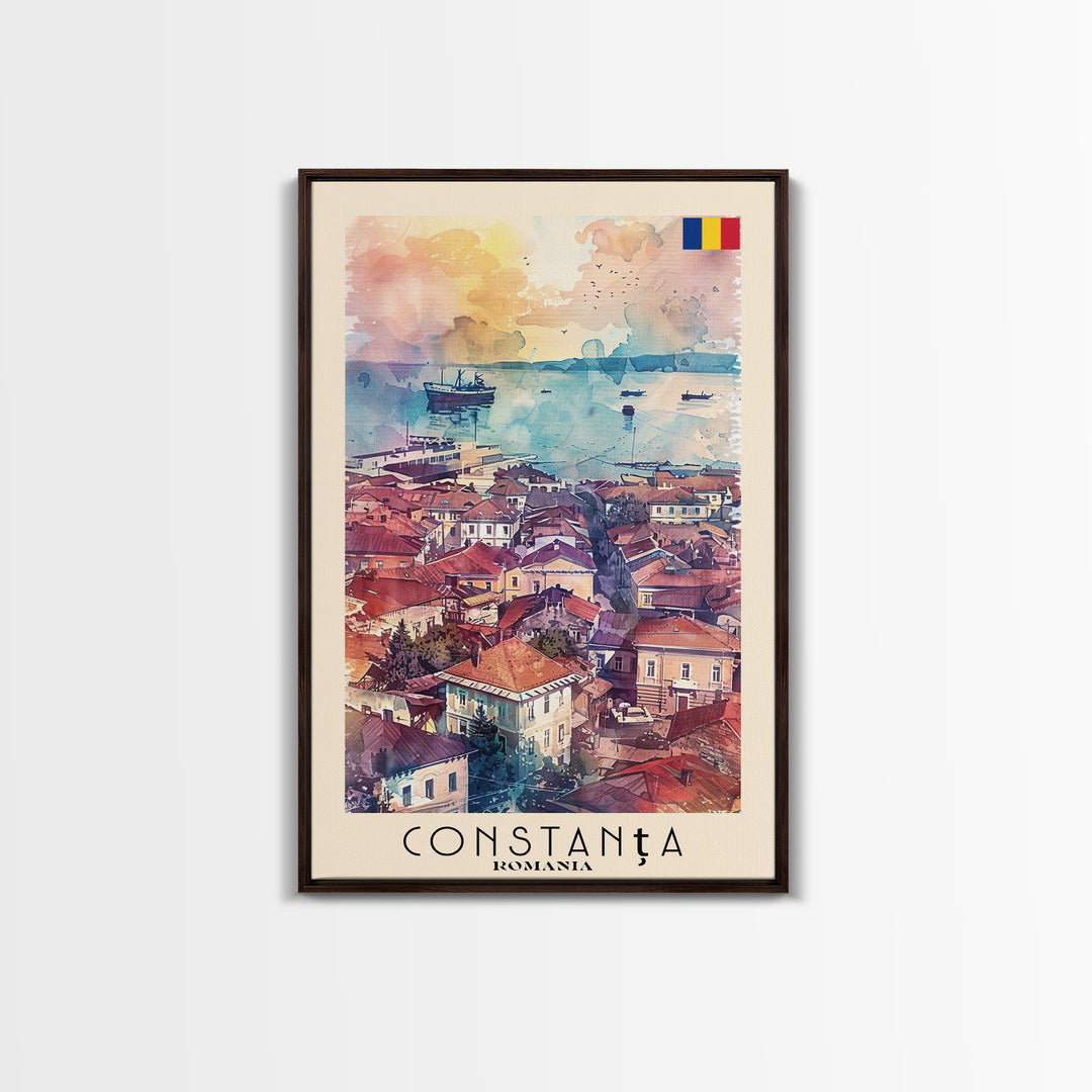 Constanta Romania Framed Canvas Print, Travel Poster Art, Watercolor Painting, Coastal Cityscape Wall Art, Home Decor, Living Room Artwork, Travel Print