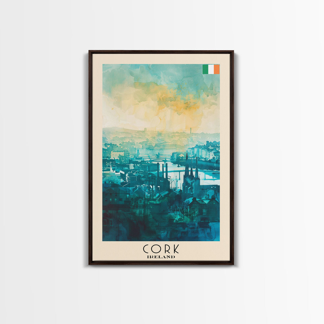 Cork Ireland Watercolor Travel Poster, Framed Canvas Print, Cityscape Wall Art, Home Decoration, Living Room Decor, Original Artwork, Travel Print