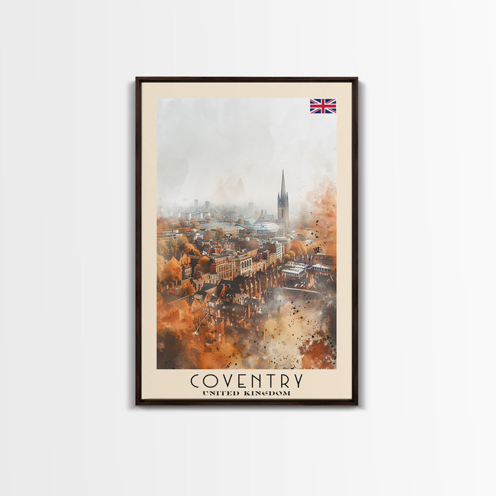 Coventry United Kingdom Travel Poster, Framed Canvas Print, Abstract Cityscape Wall Art, Home Decor, Living Room Decoration, Watercolor Art, Travel Print