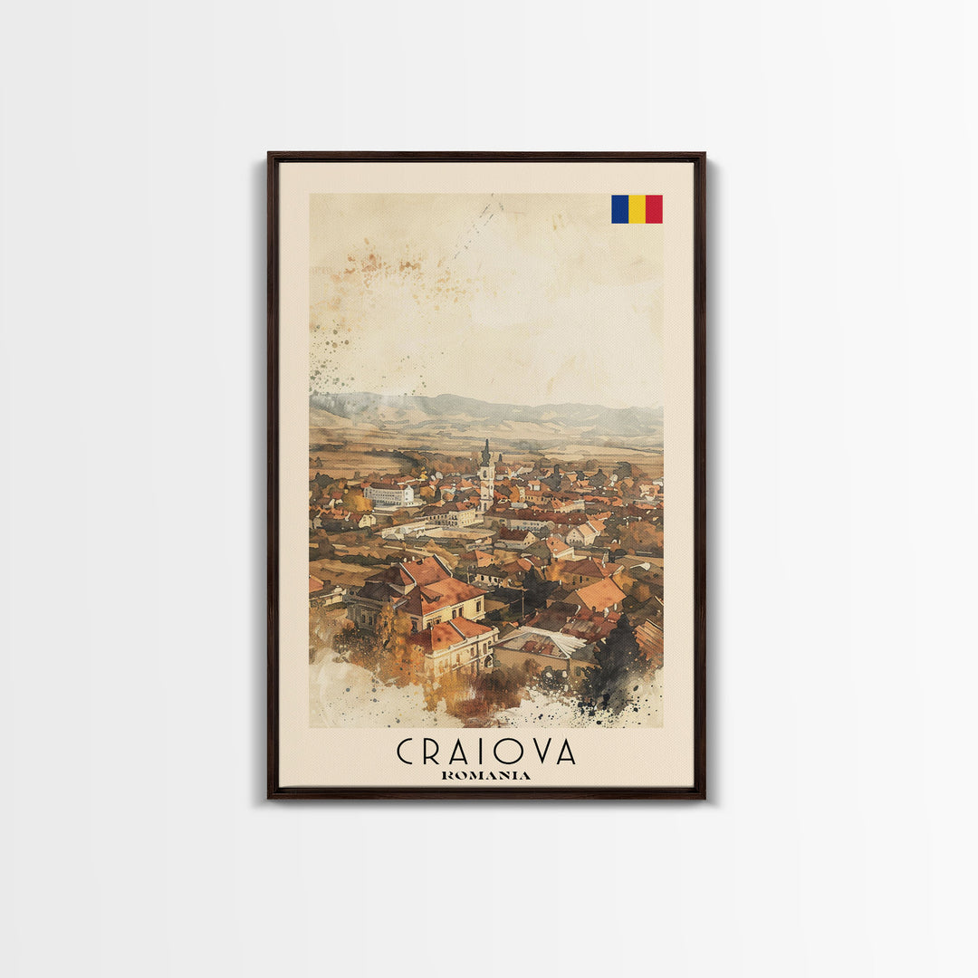 Craiova Romania Watercolor Cityscape, Framed Canvas Print, Travel Poster Art, Home Decor, Living Room Wall Art, Original Painting, Travel Print