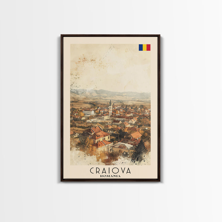 Craiova Romania Watercolor Cityscape, Framed Canvas Print, Travel Poster Art, Home Decor, Living Room Wall Art, Original Painting, Travel Print