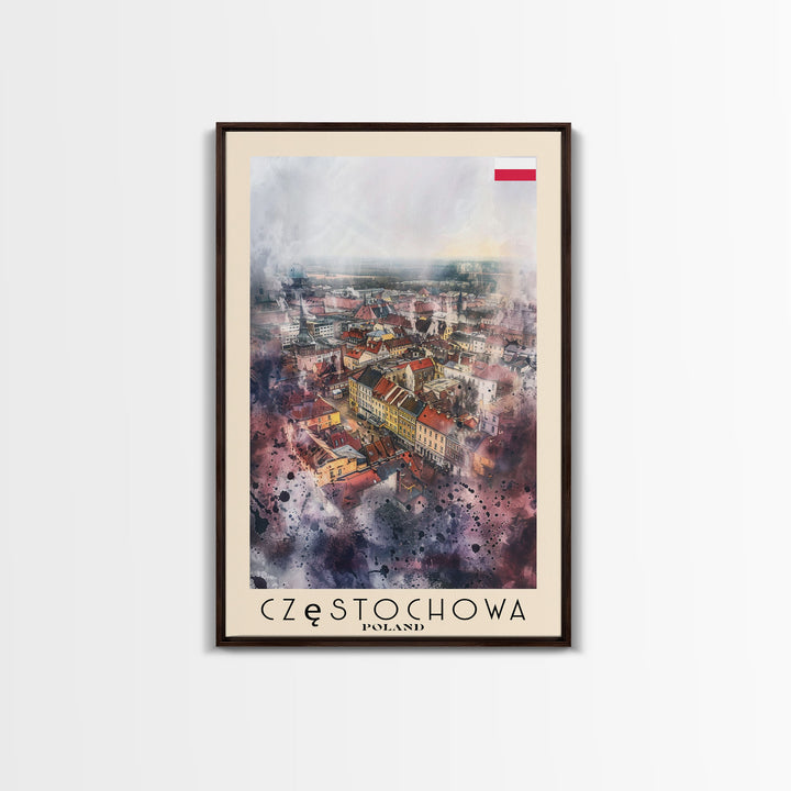 Czestochowa Poland Framed Canvas Print, Watercolor Travel Poster, Cityscape Wall Art, Home Decor, Living Room Artwork, Original Art, Travel Print