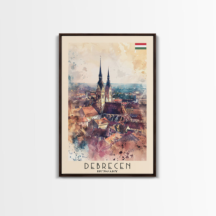 Debrecen Hungary Travel Poster, Framed Canvas Print, Watercolor Cityscape, Home Decor, Living Room Wall Art, Original Painting, Travel Print