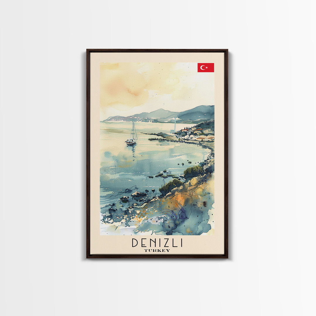 Denizli Turkey Watercolor Travel Poster, Framed Canvas Print, Coastal Cityscape Wall Art, Home Decor, Living Room Decoration, Original Artwork, Travel Print