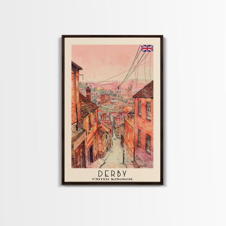 Derby United Kingdom Scenic Watercolor Framed Canvas Print, Vintage Travel Poster, British Wall Art, Rustic Home Decor, Retro Urban Artwork, Living Room Decoration