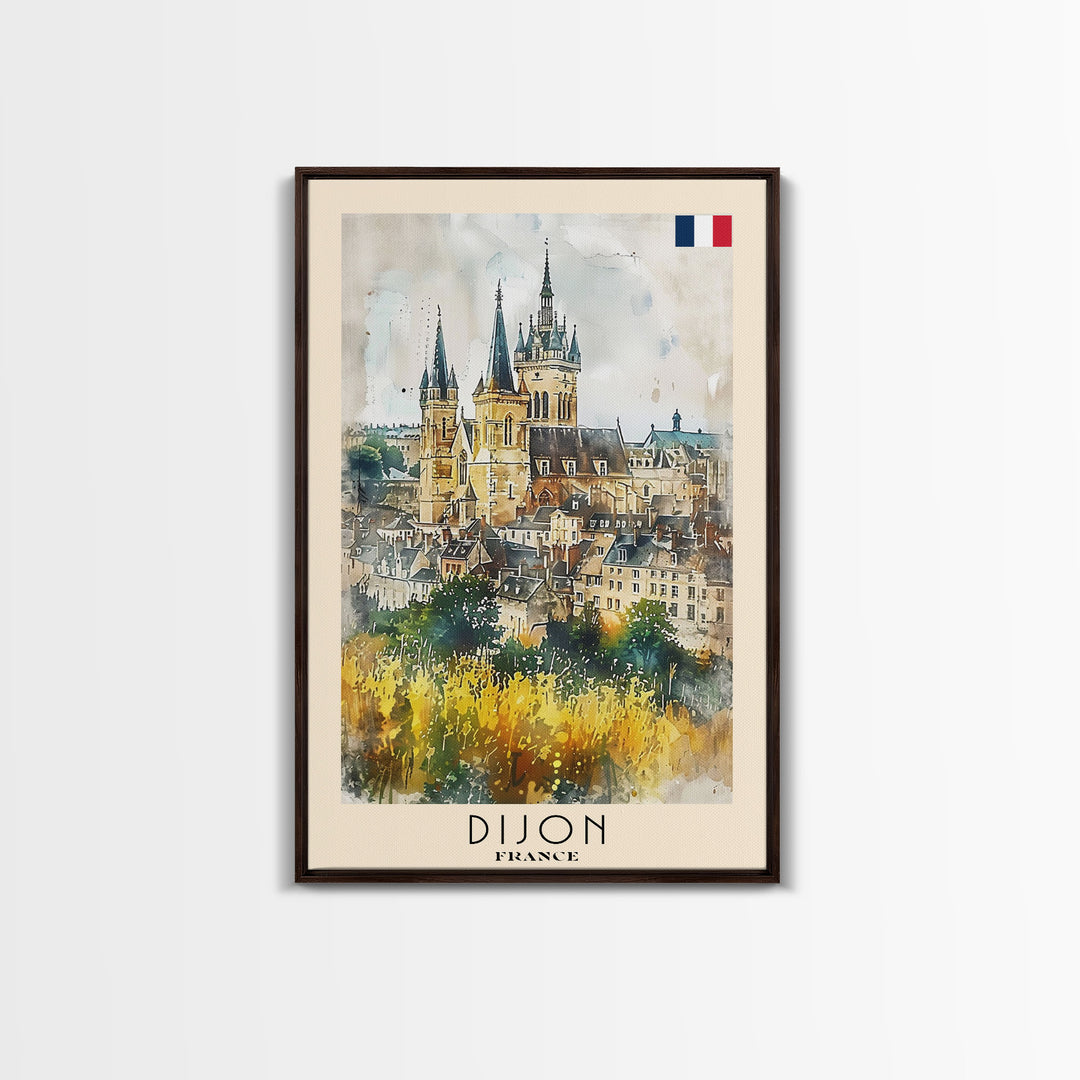 Dijon France Historic Landmark Framed Canvas Print, Watercolor Travel Poster, French Heritage Art, Classic Home Decor, Retro Wall Art, Living Room Piece