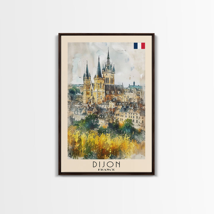 Dijon France Historic Landmark Framed Canvas Print, Watercolor Travel Poster, French Heritage Art, Classic Home Decor, Retro Wall Art, Living Room Piece