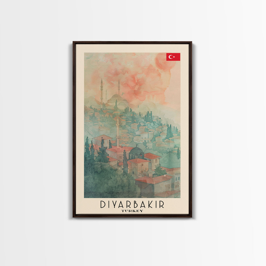 Diyarbakir Turkey Cultural Heritage Framed Canvas Print, Vintage Travel Poster, Turkish Watercolor Art, Exotic Home Decor, Historical Wall Art, Living Room Display