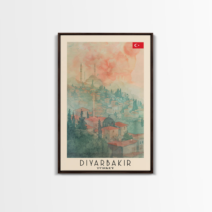 Diyarbakir Turkey Cultural Heritage Framed Canvas Print, Vintage Travel Poster, Turkish Watercolor Art, Exotic Home Decor, Historical Wall Art, Living Room Display