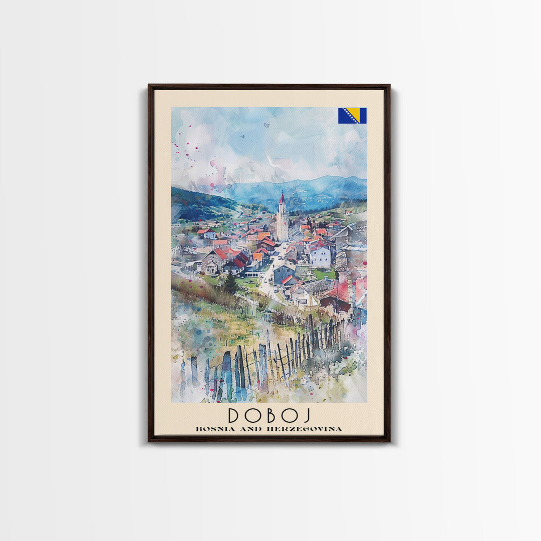 Doboj Bosnia and Herzegovina Countryside Framed Canvas Print, Watercolor Travel Poster, Bosnian Scenic Art, Cozy Home Decor, Rustic Wall Art, Living Room Decor