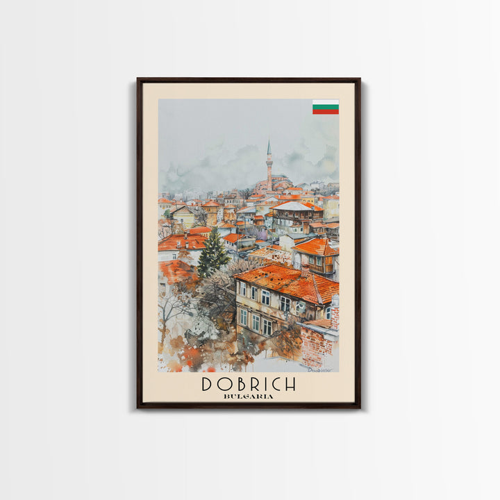 Dobrich Bulgaria Quaint Town Framed Canvas Print, Watercolor Travel Poster, Bulgarian Village Art, Rustic Home Decor, Vintage Wall Art, Living Room Enhancement