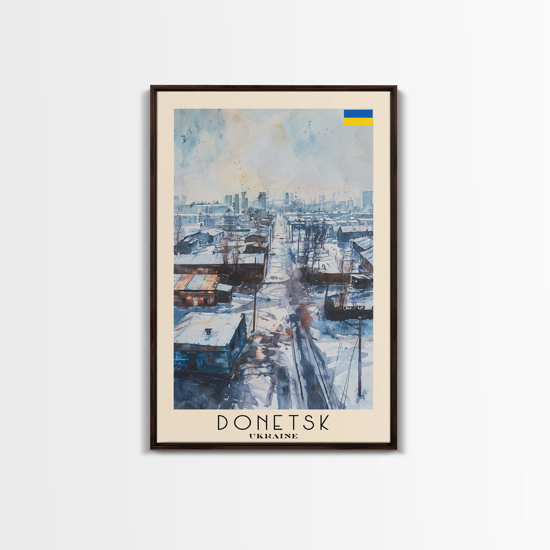 Donetsk Ukraine Winter Scene Framed Canvas Print, Watercolor Travel Poster, Ukrainian Urban Art, Cold Season Decor, Unique Wall Art, Living Room Decoration