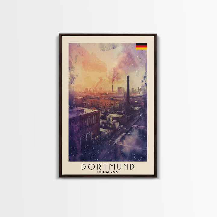 Dortmund Germany Industrial Cityscape Framed Canvas Print, Watercolor Travel Poster, German Urban Art, Modern Home Decor, Industrial Wall Art, Living Room Design