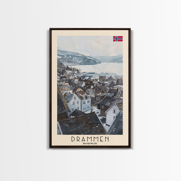 Drammen Norway Serene Landscape Framed Canvas Print, Watercolor Travel Poster, Norwegian Scenic Art, Tranquil Home Decor, Peaceful Wall Art, Living Room Beauty