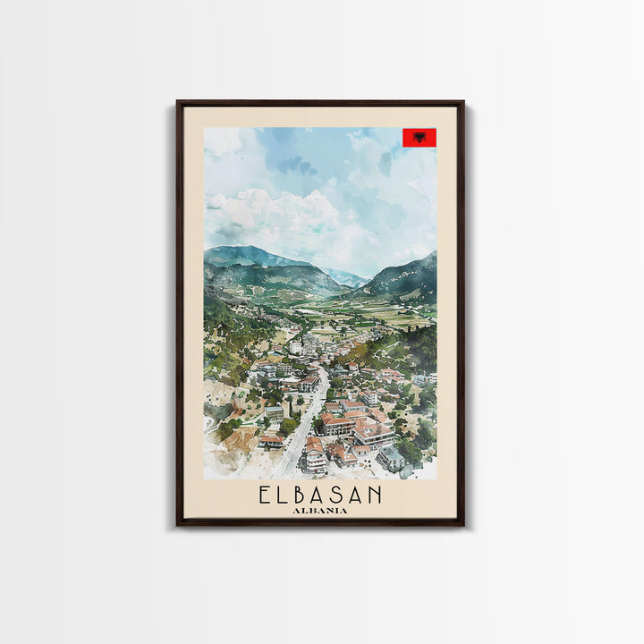 Elbasan, Albania Framed Canvas Print. Mountain Charm Wall Art for Living Room or Bedroom, Scenic Travel Poster Decor.