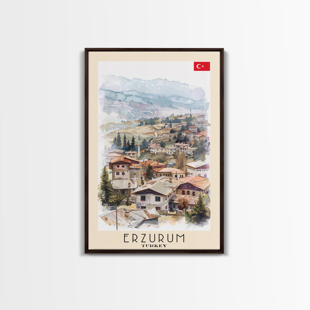Erzurum Turkey Scenic Watercolor Framed Canvas Print, Stunning Travel Poster Art for Living Room and Bedroom Wall Decor