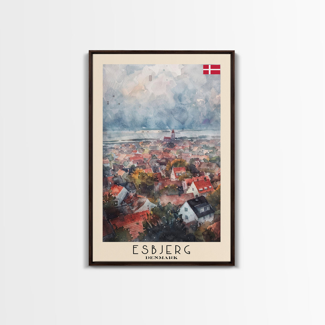 Esbjerg Denmark Skyline Watercolor Framed Canvas Print, Beautiful Travel Poster Art for Home and Office Wall Decor