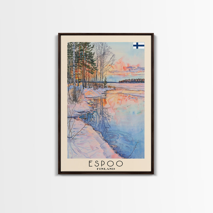 Espoo Finland Serene Landscape Watercolor Framed Canvas Print, Tranquil Travel Poster Art for Home and Office Wall Decor