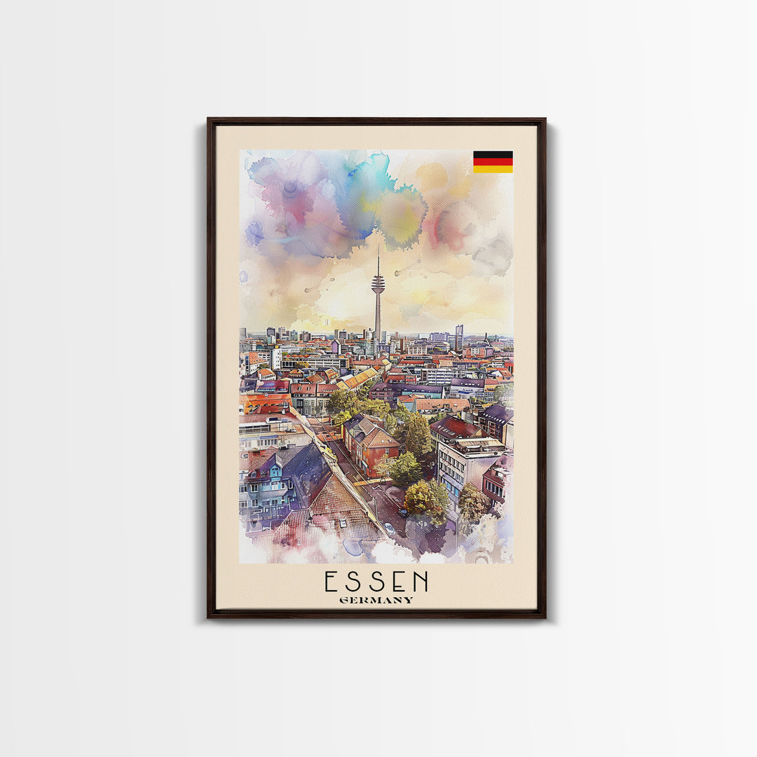 Essen Germany Vibrant Cityscape Watercolor Framed Canvas Print, Dynamic Travel Poster Art for Living Room and Bedroom Decor