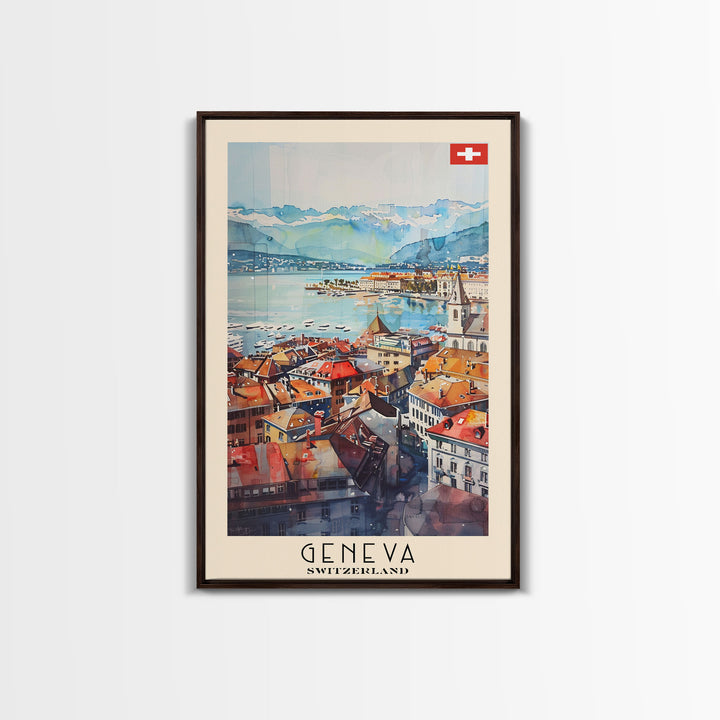 Geneva, Switzerland Travel Poster Art, Framed Canvas Print for Living Room or Bedroom, Scenic Wall Art, Home Decoration